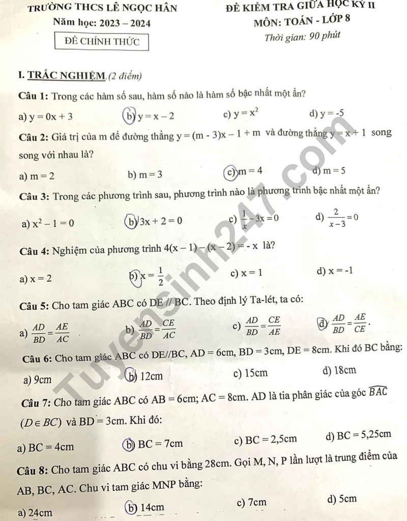De thi giua ki 2 lop 8 mon Toan 2024 - THCS Le Ngoc Han