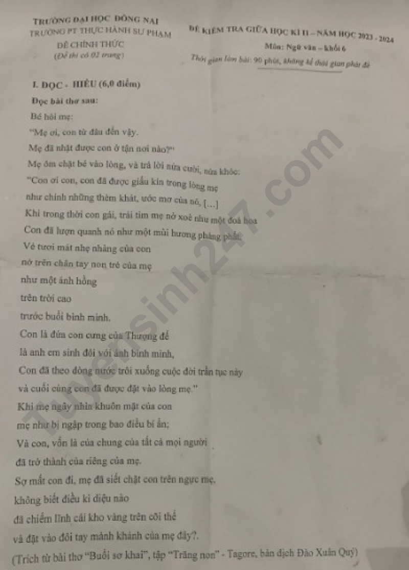 De thi giua ki 2 lop 6 mon Van 2024 - Truong PT Thuc Hanh Su Pham Dong Nai