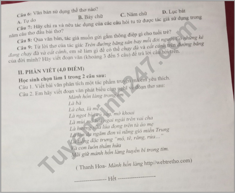 De thi giua ki 2 lop 8 mon Van - Phong GD Viet Yen 2024