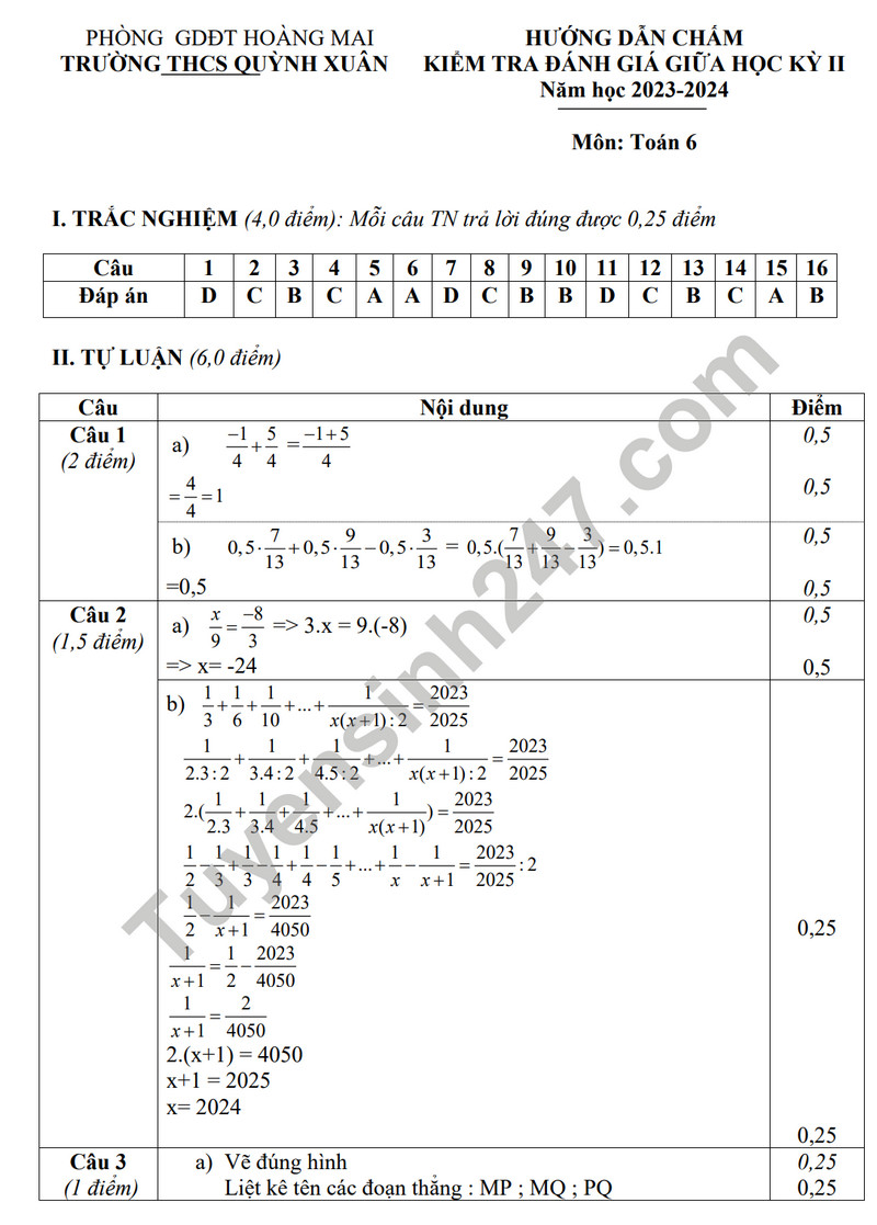 De thi giua ki 2 mon Toan lop 6 - THCS Quynh Xuan 2024 (Co dap an)