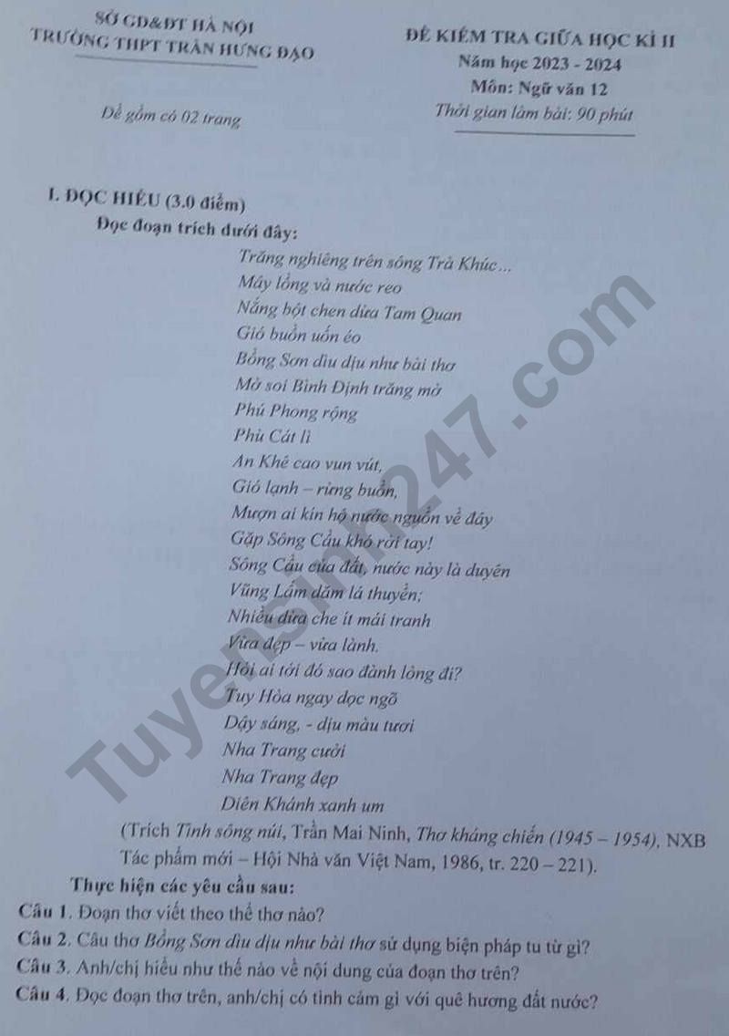 De thi giua ki 2 mon Van lop 12 - THPT Tran Hung Dao 2024