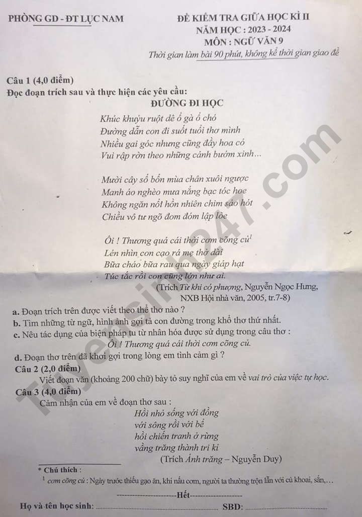 De giua ki 2 mon Van lop 9 - Phong GD Luc Nam 2024
