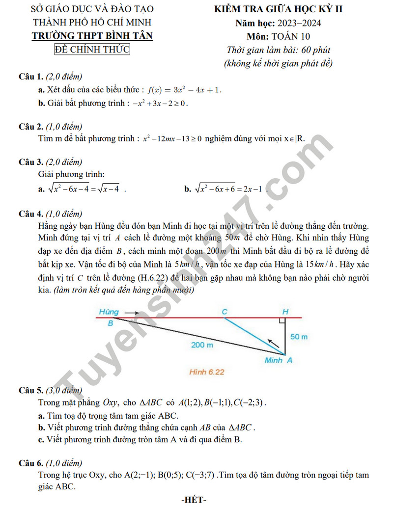 De thi giua ki 2 mon Toan lop 10 nam 2024 - THPT Binh Tan (Co dap an)