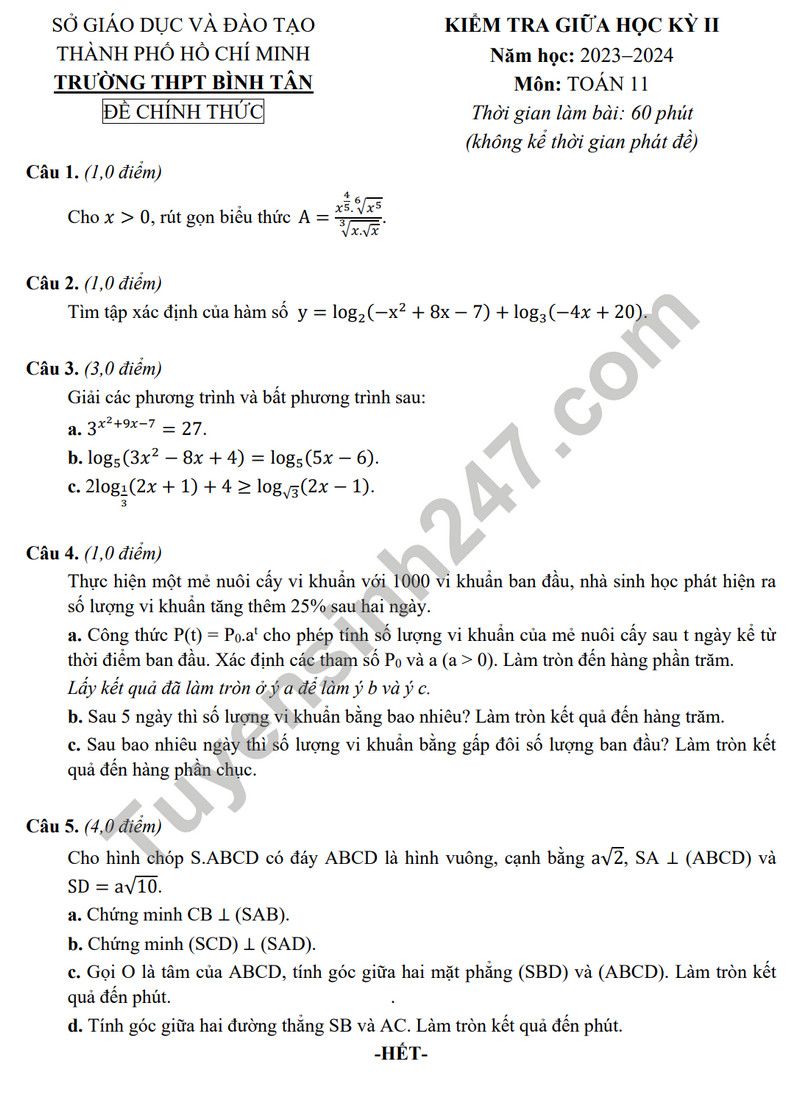De thi giua ki 2 mon Toan lop 11 nam 2024 - THPT Binh Tan (Co dap an)
