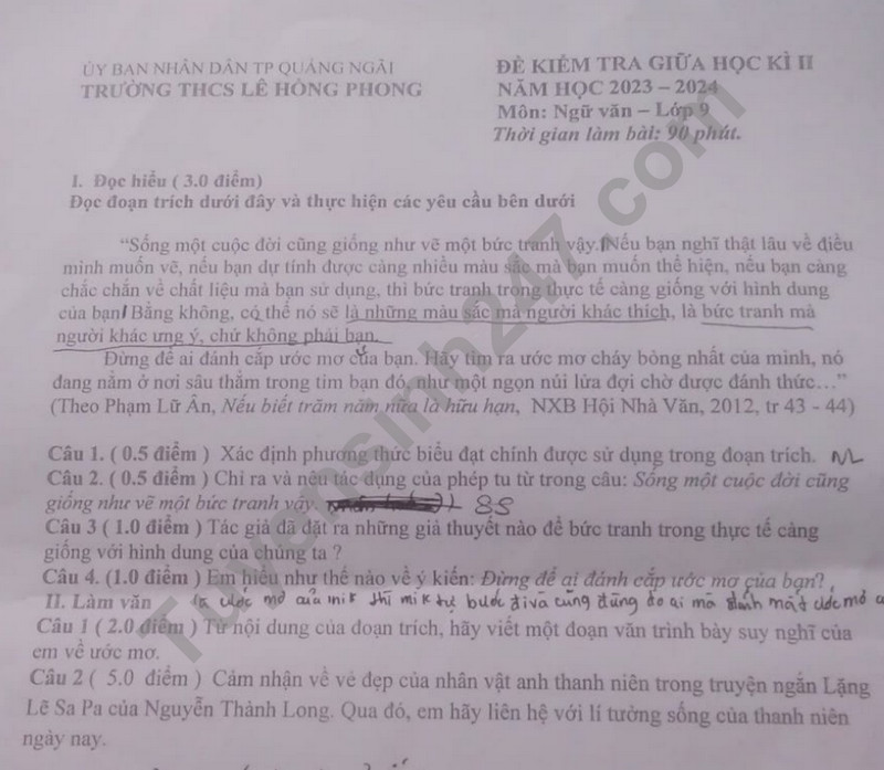 De thi giua ki 2 lop 9 mon Van 2024 - THCS Le Hong Phong