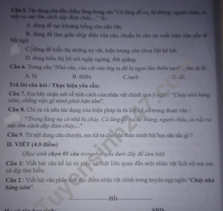 De thi giua ki 2 lop 7 mon Van 2024 - Phong GD Luc Nam
