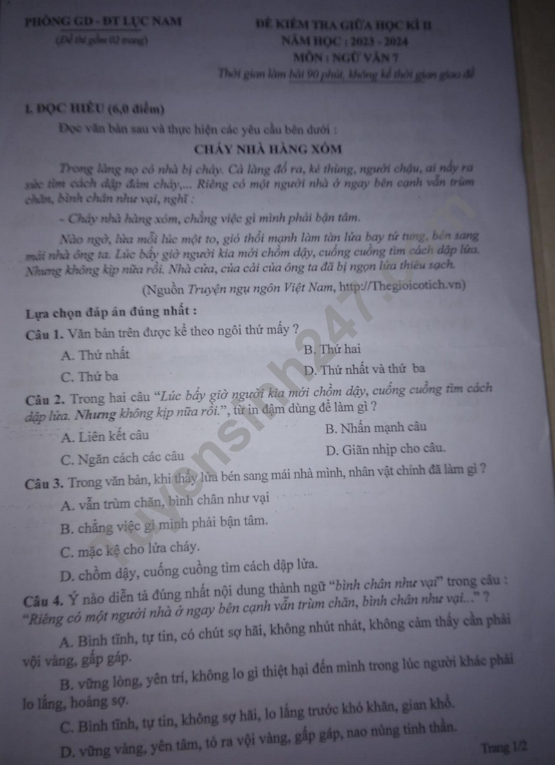 De thi giua ki 2 lop 7 mon Van 2024 - Phong GD Luc Nam