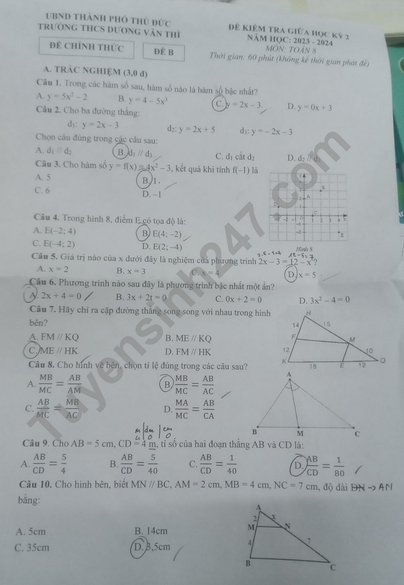 De thi giua ki 2 mon Toan lop 8 nam 2024 - THCS Duong Van Thi