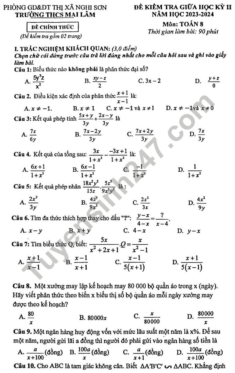 De thi giua ki 2 mon Toan lop 8 - THCS Mai Lam 2024