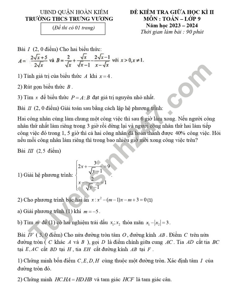 De thi giua ki 2 mon Toan lop 9 nam 2024 - THCS Trung Vuong