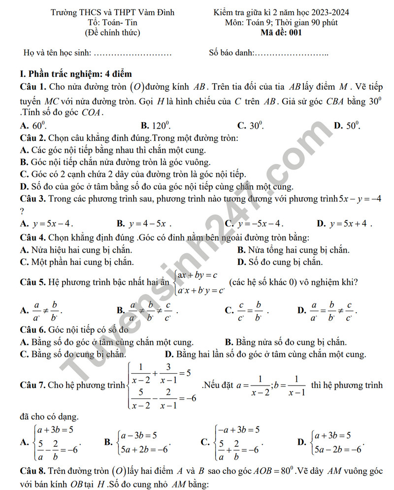 De thi giua ki 2 mon Toan lop 9 - THCS&THPT Vam Dinh 2024 (Co dap an)