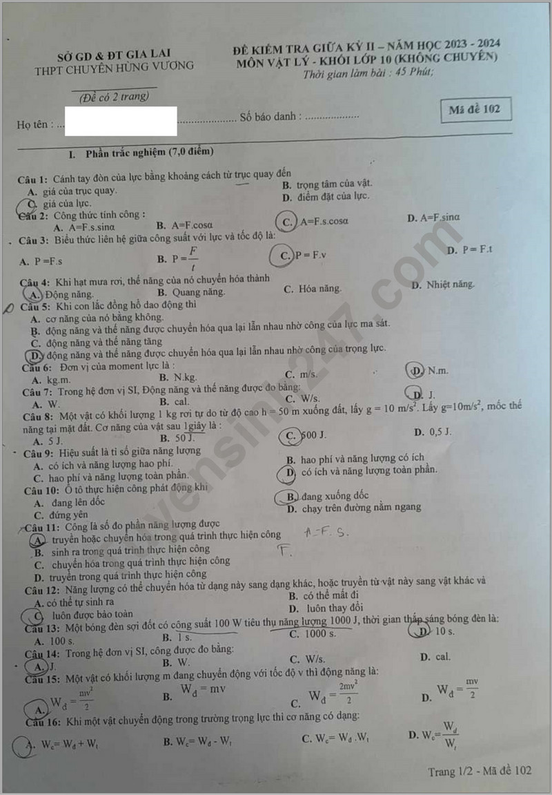 De thi giua ki 2 lop 10 mon Ly 2024 - THPT Hung Vuong