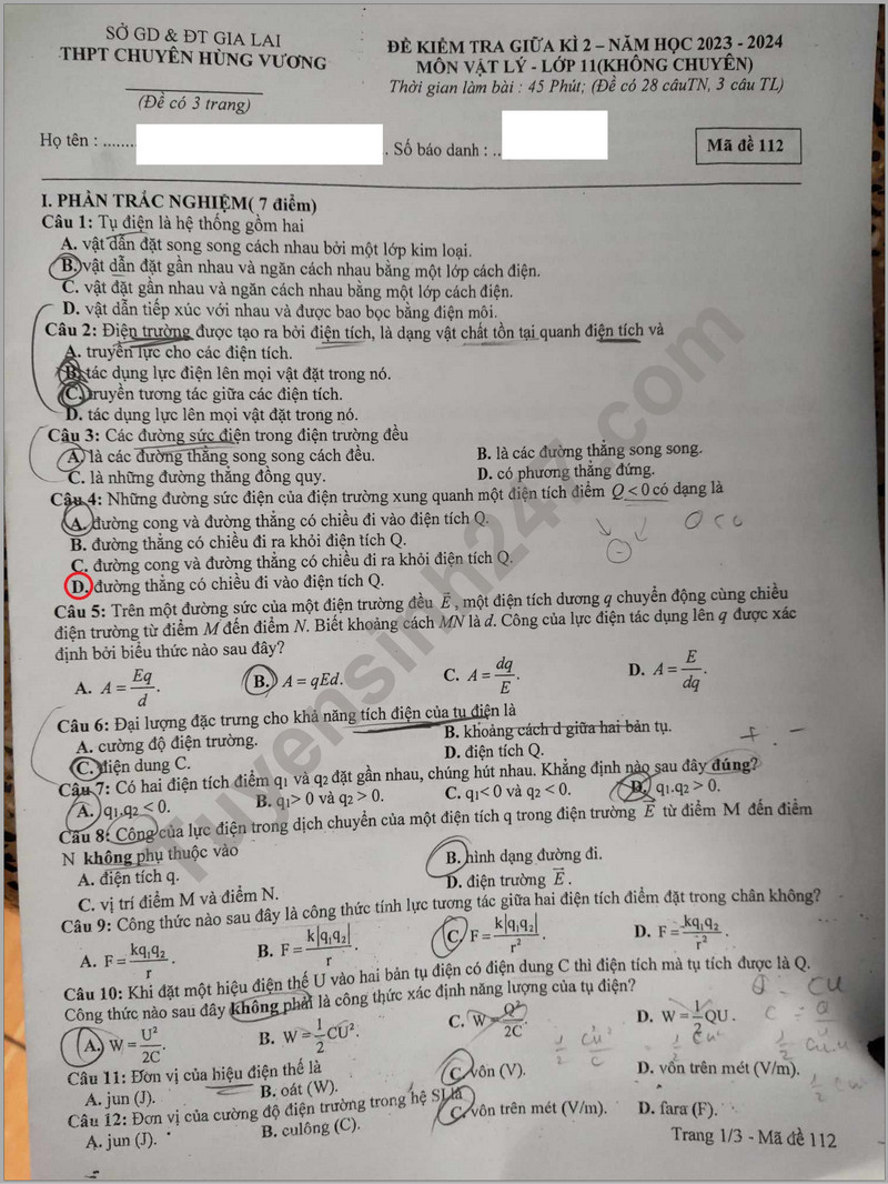De thi giua ki 2 mon Ly lop 11 - THPT Hung Vuong 2024