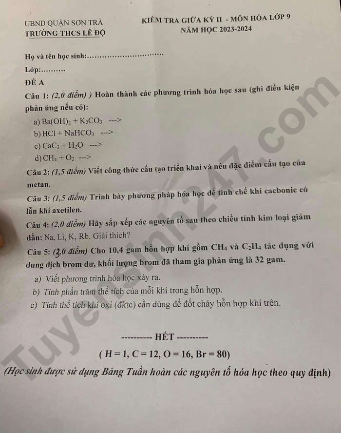 De giua ki 2 mon Hoa lop 9 nam 2024 - THCS Le Do
