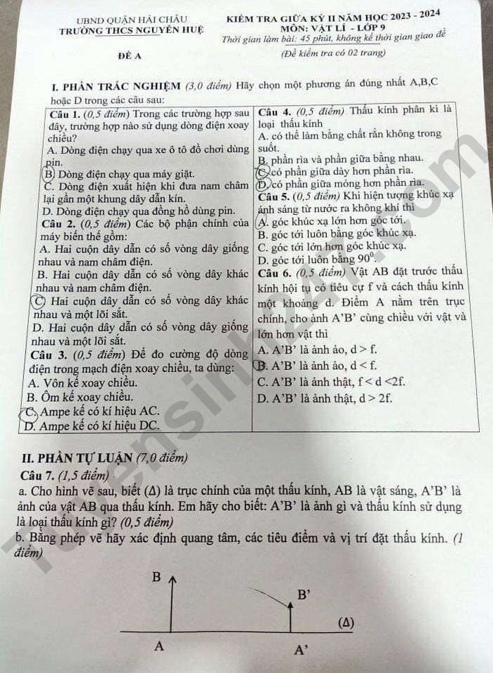 De thi giua ki 2 mon Li lop 9 - THCS Nguyen Hue 2024