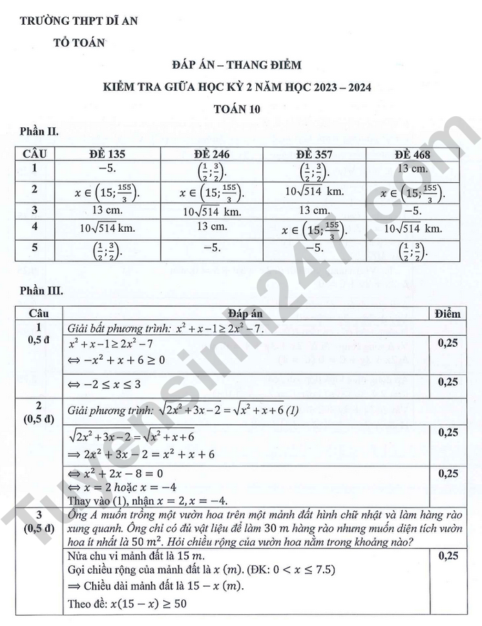 De giua ki 2 mon Toan lop 10 nam 2024 - THPT Di An (Co dap an)