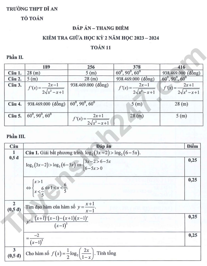 De giua ki 2 mon Toan lop 11 nam 2024 - THPT Di An (Co dap an)