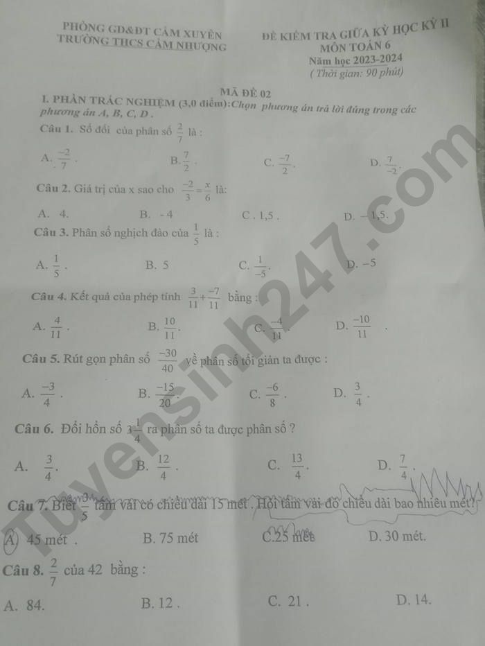 De giua ki 2 mon Toan lop 6 nam 2024 - THCS Cam Nhuong