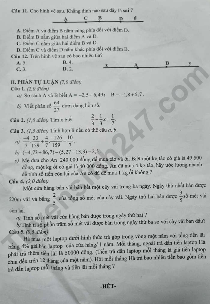 De thi giua ki 2 mon Toan lop 6 nam 2024 - THCS Nguyen Hue