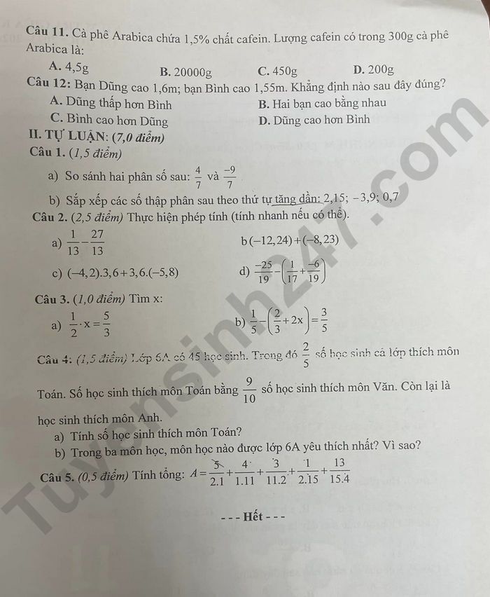 De thi giua ki 2 mon Toan lop 6 nam 2024 - THCS Nguyen Thi Minh Khai