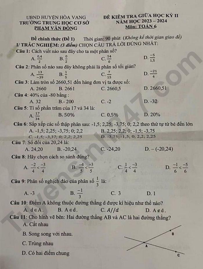 De thi giua ki 2 mon Toan lop 6 - THCS Pham Van Dong 2024