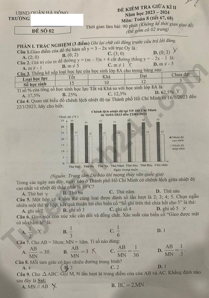 De thi giua ki 2 mon Toan lop 8 nam 2024 - THCS Le Quy Don, Ha Dong