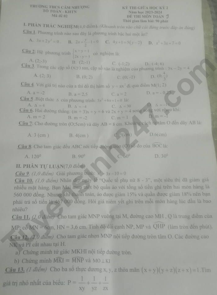 De thi giua ki 2 mon Toan lop 9 nam 2024 - THCS Cam Nhuong