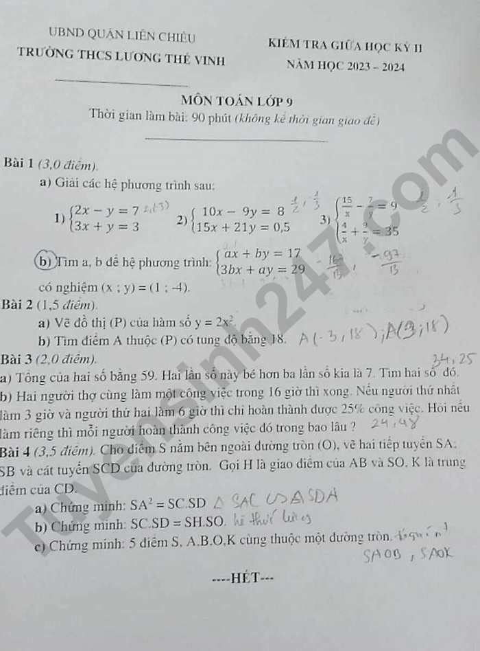 De giua ki 2 mon Toan lop 9 nam 2024 - THCS Luong The Vinh