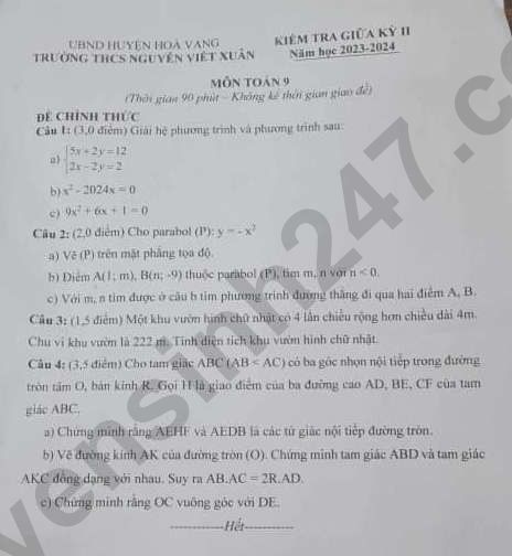 De thi giua ki 2 lop 9 mon Toan - THCS Nguyen Viet Xuan 2024