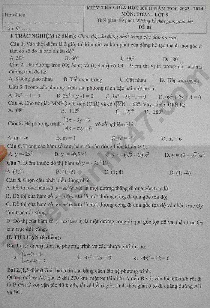 De thi giua ki 2 mon Toan lop 9 nam 2024 - THCS Tran Van Cap