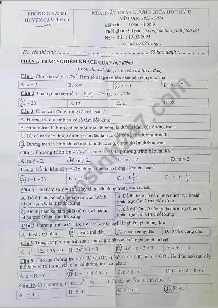 De thi giua ki 2 mon Toan lop 9 - Phong GD huyen Cam Thuy 2024