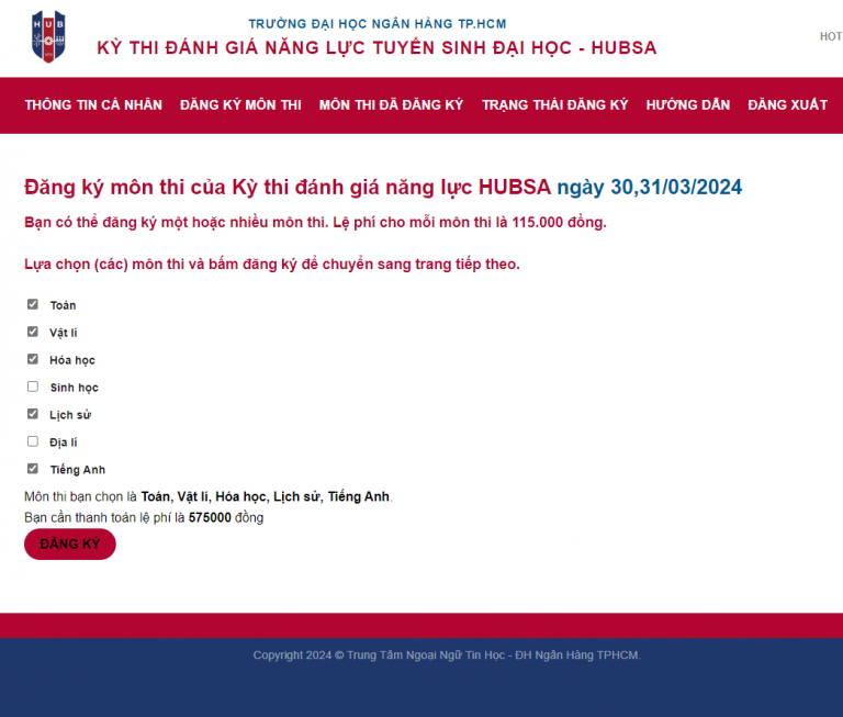 Huong dan dang ky du thi danh gia dau vao Dai hoc Ngan hang TPHCM 2024