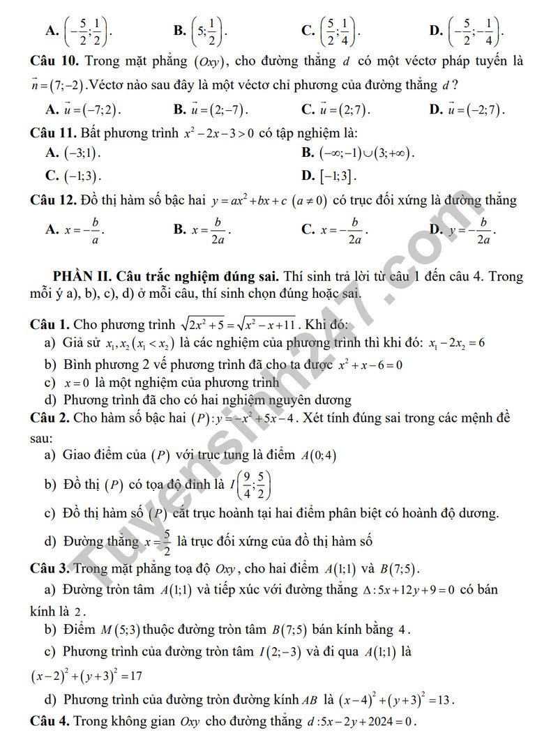 De thi giua ki 2 lop 10 mon Toan 2024 - THPT Thanh Mien 2 (Co dap an)