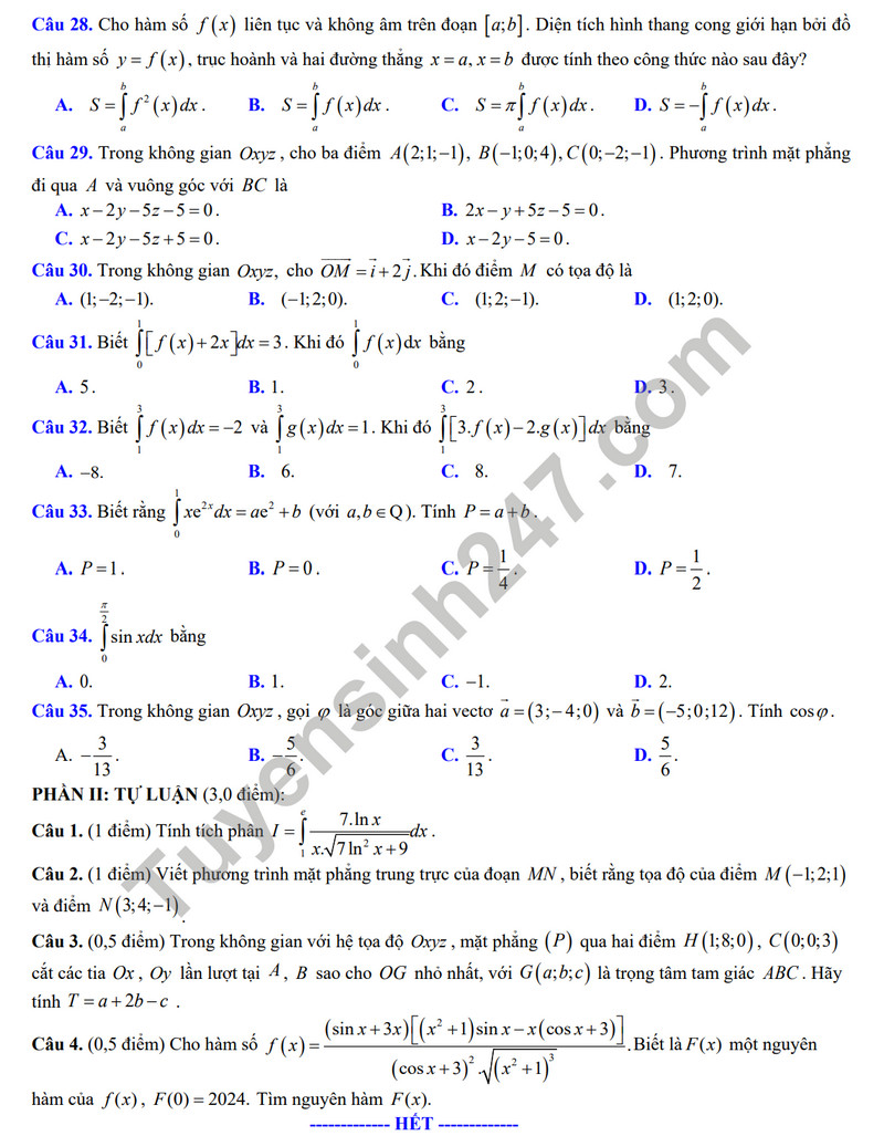 De thi giua ki 2 mon Toan lop 12 nam 2024 - THPT Ong Ich Khiem (Co dap an)