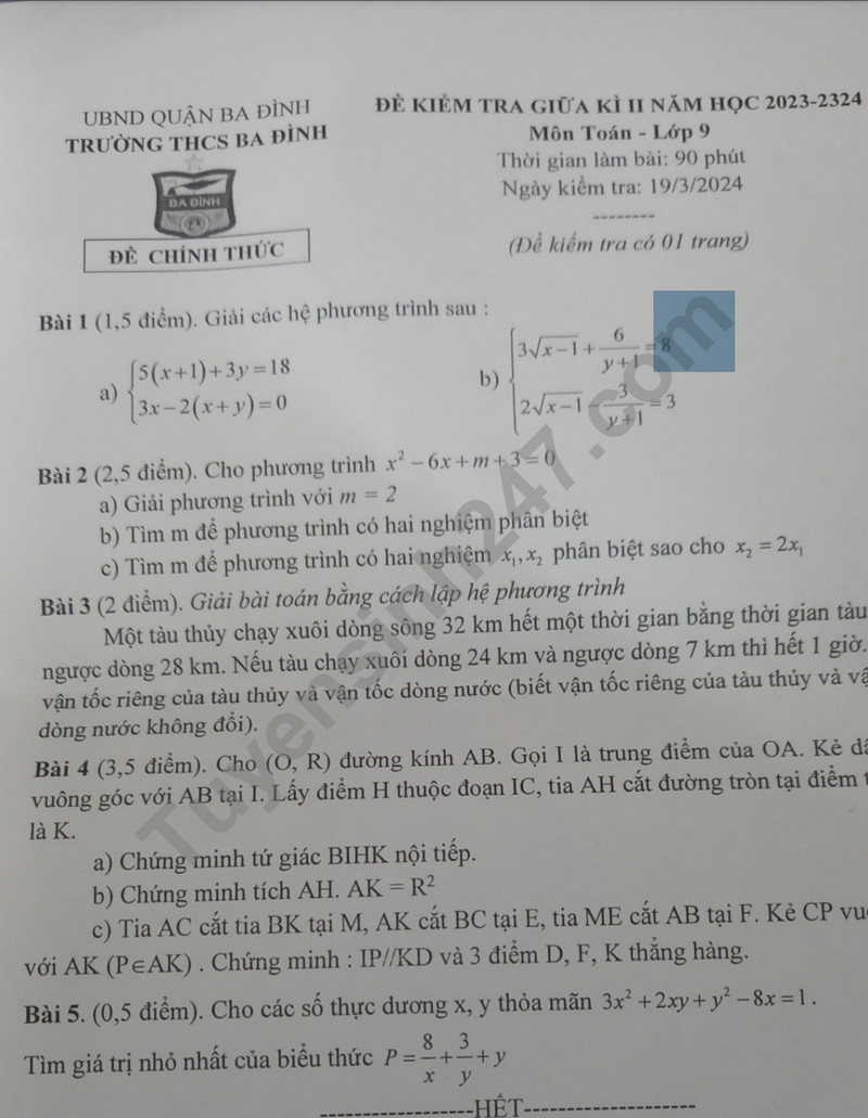 De thi giua ki 2 lop 9 mon Toan 2024 - THCS Ba Dinh