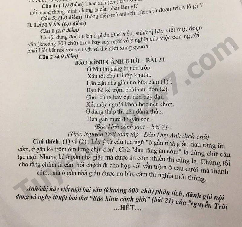 De giua ki 2 lop 10 mon Van  - THPT Tuc Tranh 2024