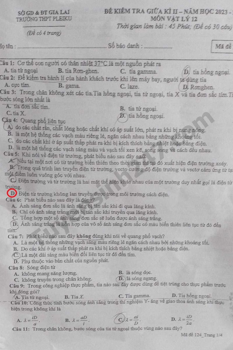 De thi giua ki 2 lop 12 mon Ly 2024 - THPT Pleiku