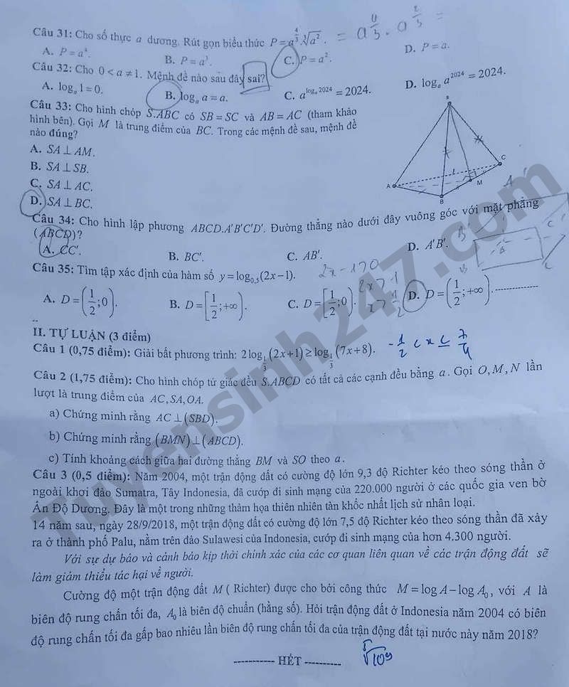De giua ki 2 lop 11 nam 2024 mon Toan  - THPT Hai Ba Trung