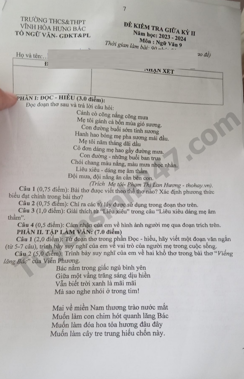 De thi giua hoc ki 2 mon Van 9 - THCS & THPT Vinh Hoa Hung Bac 2024