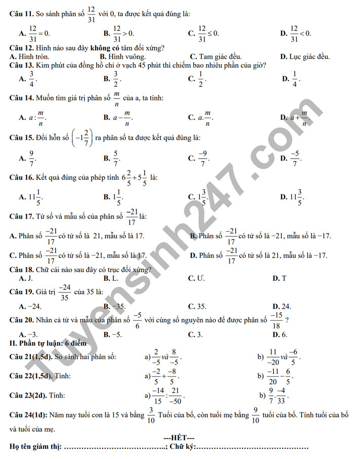 De thi giua ki 2 mon Toan lop 6 nam 2024 - THCS & THPT Vam Dinh (Co dap an)
