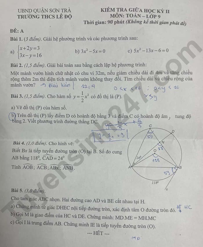 De thi giua ki 2 lop 9 mon Toan 2024 - THCS Le Do