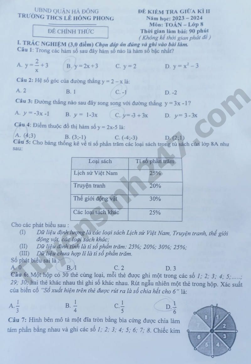 De thi giua ki 2 mon Toan lop 8 nam 2024 - THCS Le Hong Phong