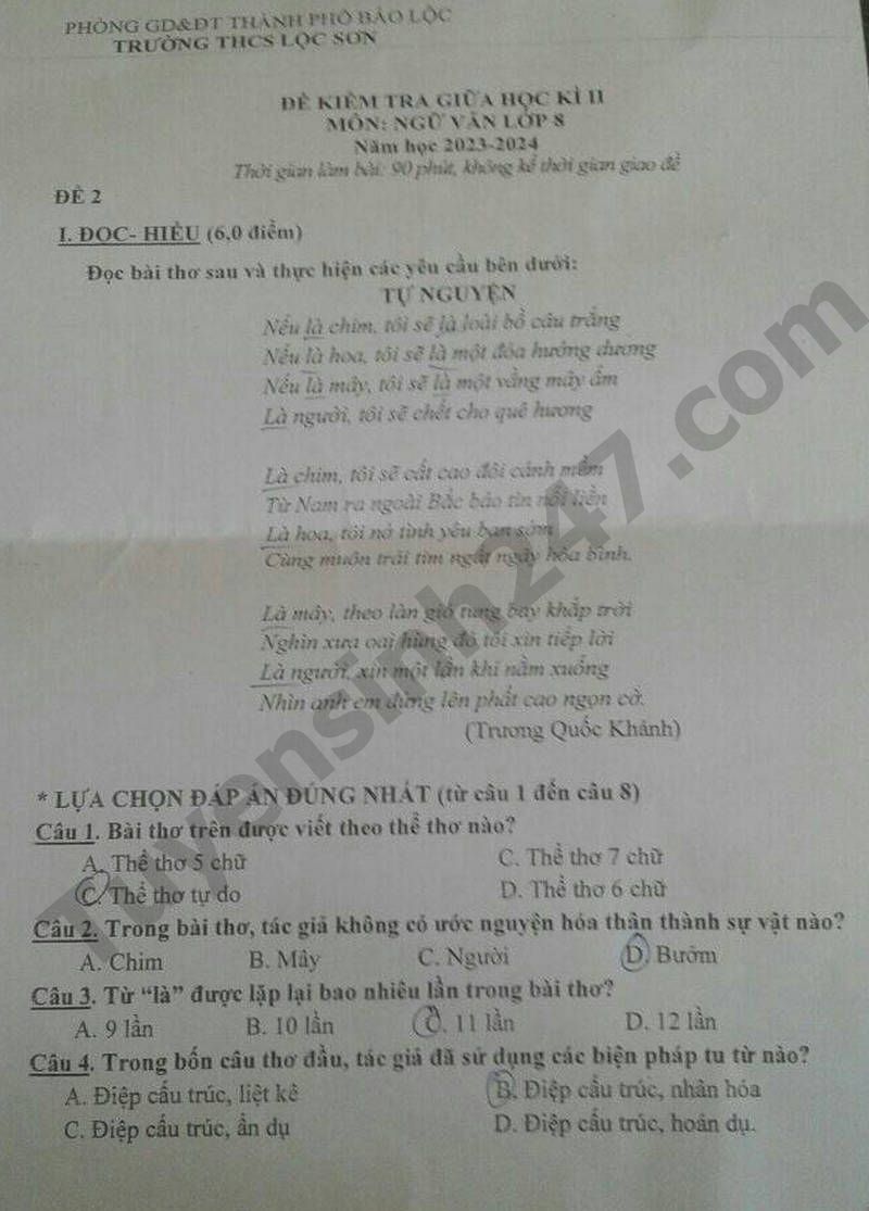 De kiem tra giua ki 2 lop 8 mon Van 2024 - THCS Loc Son