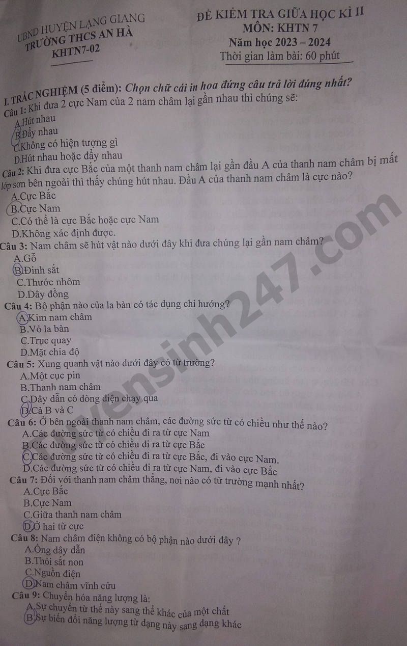De thi giua ki 2 lop 7 mon KHTN 2024 - THCS An Ha
