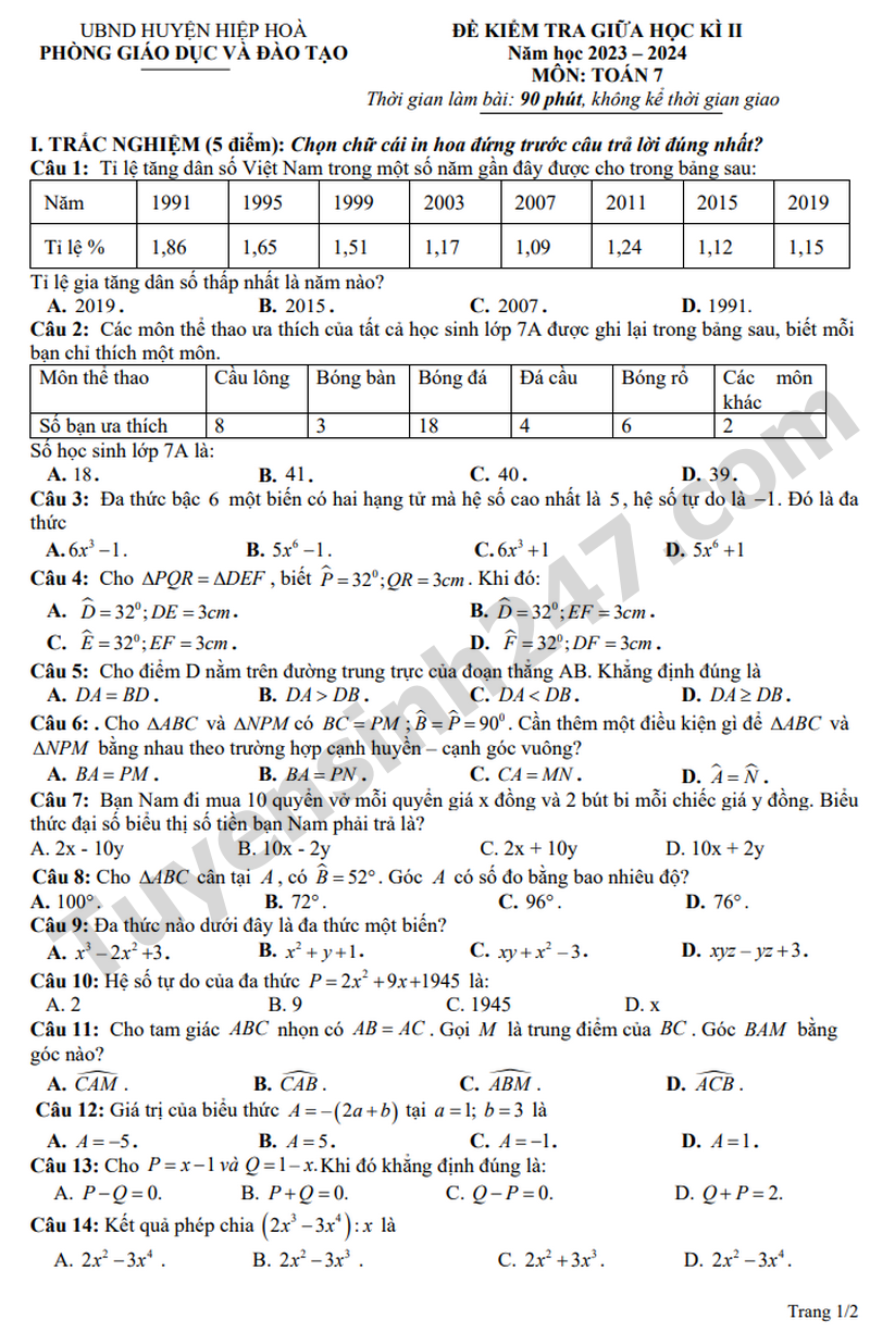 De thi giua ki 2 mon Toan lop 7 - Phong GD Hiep Hoa 2024 (Co dap an)