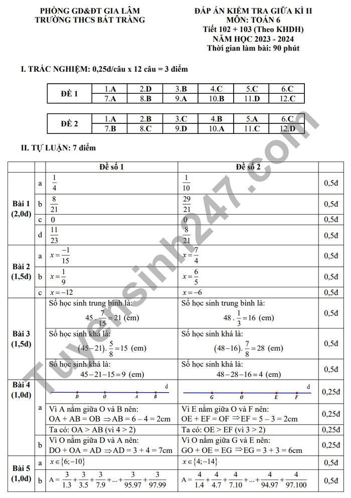 De thi giua ki 2 mon Toan lop 6 nam 2024 - THCS Bat Trang (Co dap an)
