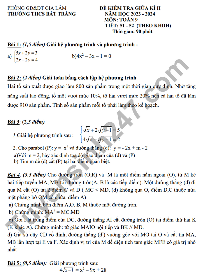 De giua ki 2 lop 9 mon Toan - THCS Bat Trang 2024 (Co dap an)