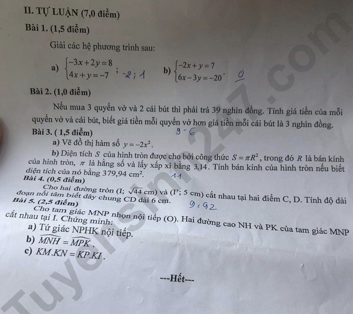 De kiem tra giua ki 2 lop 9 mon Toan 2024 - THCS Le Thanh Ton