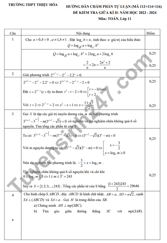 De giua ki 2 lop 11 nam 2024 mon Toan - THPT Thieu Hoa (Co dap an)