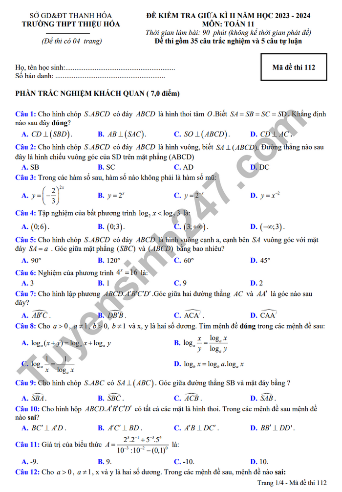 De giua ki 2 lop 11 nam 2024 mon Toan - THPT Thieu Hoa (Co dap an)